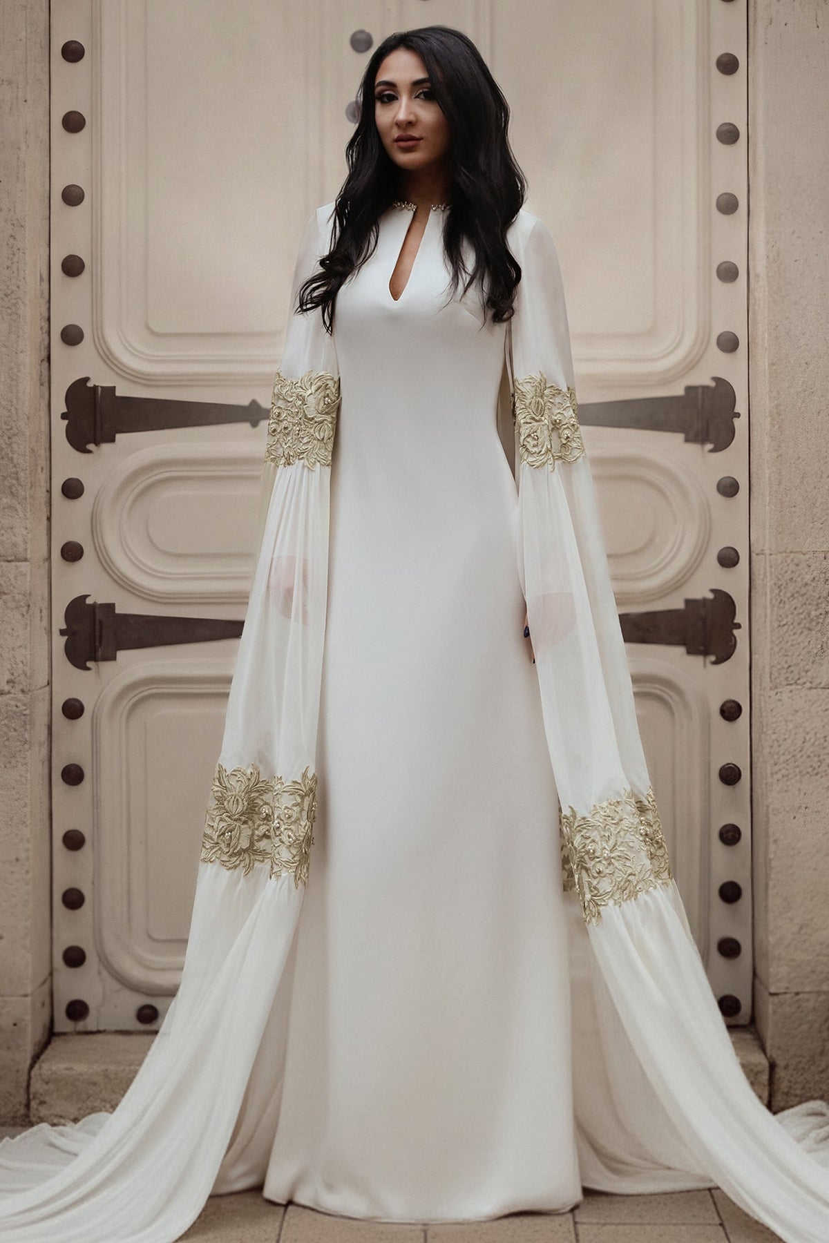 Keyhole Chiffon Cape-Sleeve Gown