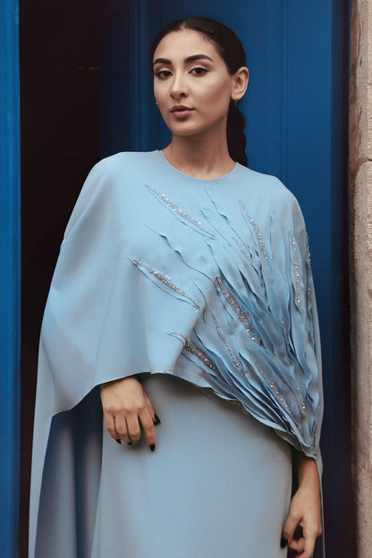 Feather-Appliqué Cape Gown