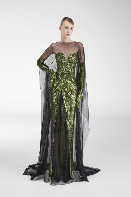 Sequin-Tulle Cape Gown