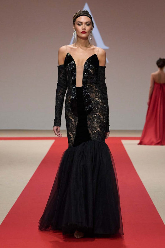 Off Shoulder Long Sleeve Illusion Gown