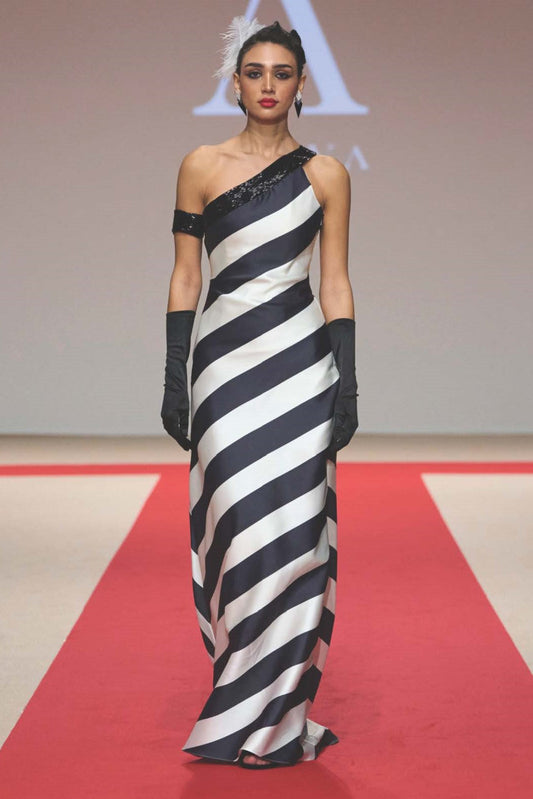 Banded Sleeve One Shoulder Gown