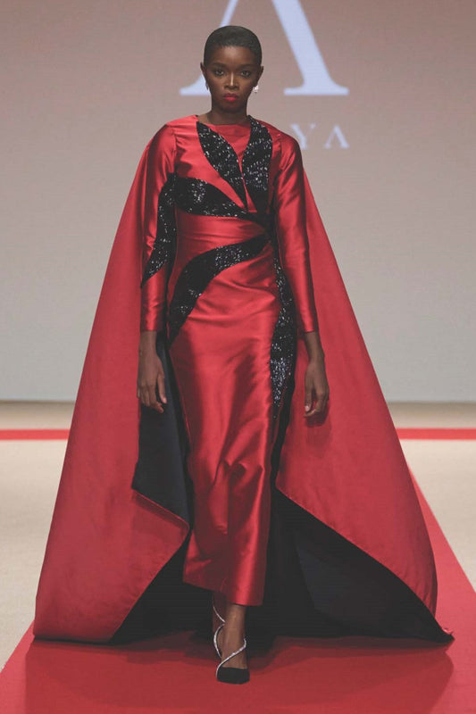 Embroidered Long Sleeve Cape Gown