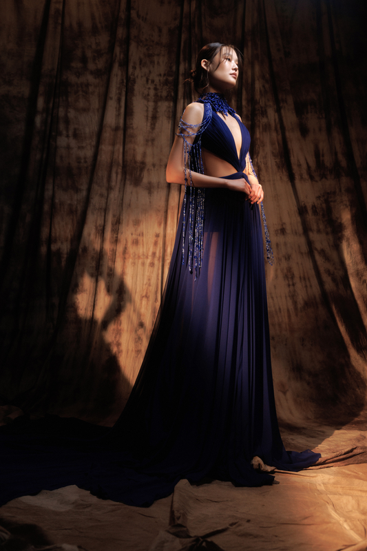 Hand Pleated Fringe Gown