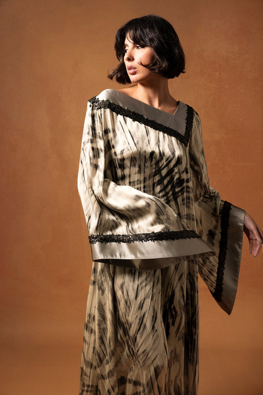 Printed Satin Bell-Sleeve Kaftan