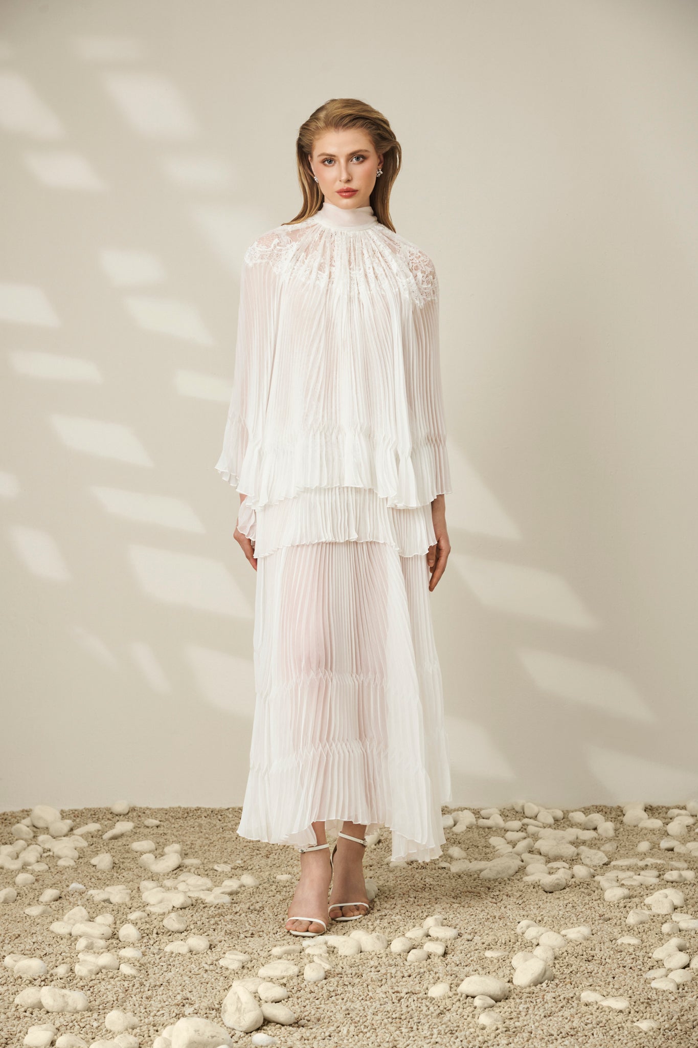 Lace-Trimmed Pleated Maxi Dress