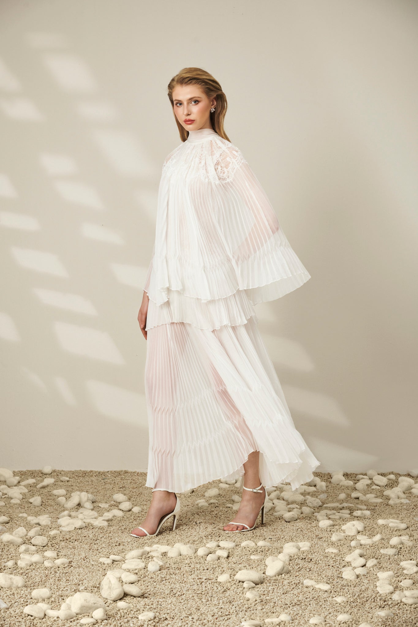 Lace-Trimmed Pleated Maxi Dress