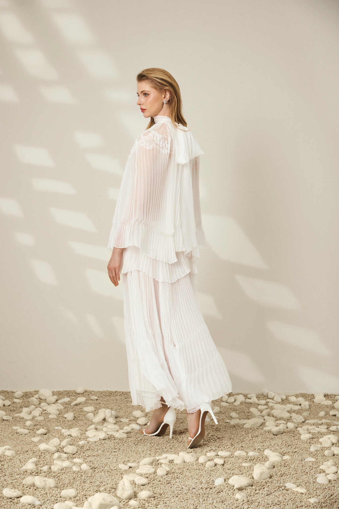 Lace-Trimmed Pleated Maxi Dress