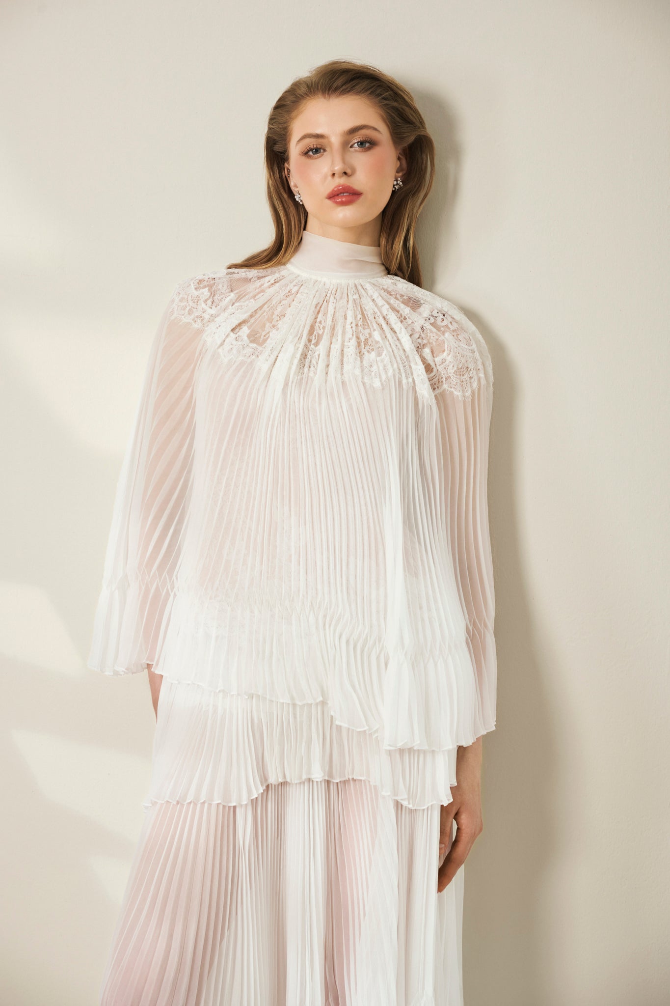 Lace-Trimmed Pleated Maxi Dress