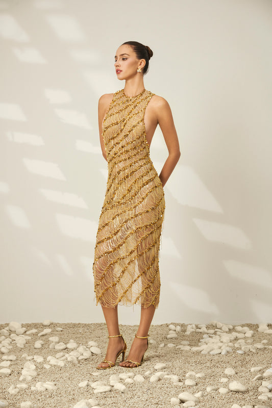Golden Radiance Midi Dress
