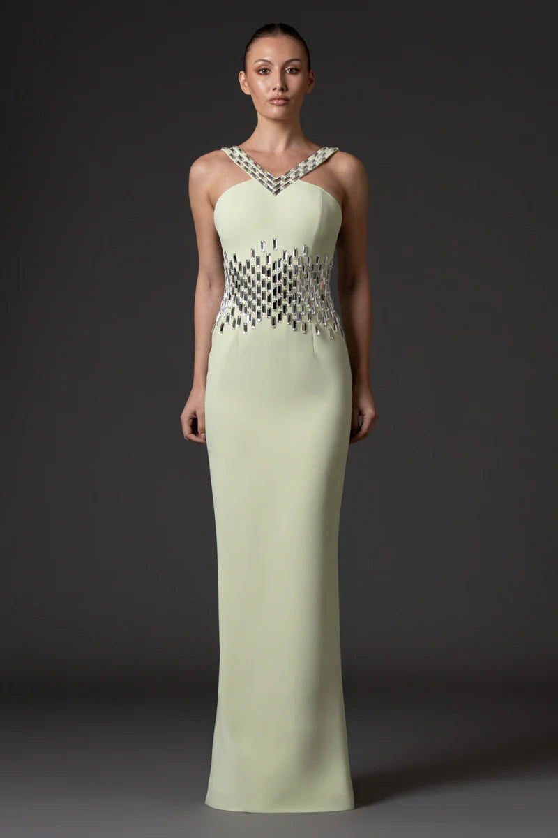 Light Pistachio Crêpe Dress with Baguette Embroidery