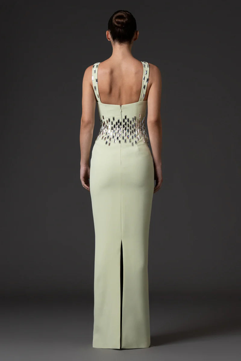 Light Pistachio Crêpe Dress with Baguette Embroidery