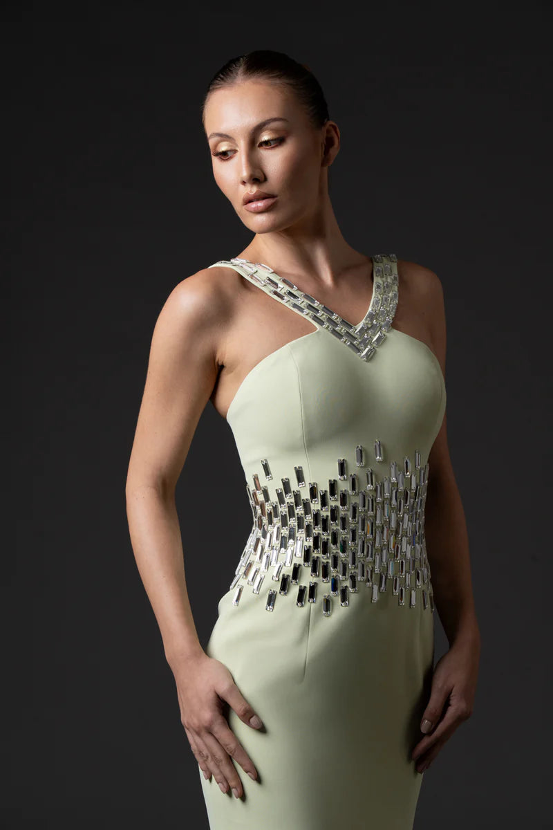 Light Pistachio Crêpe Dress with Baguette Embroidery