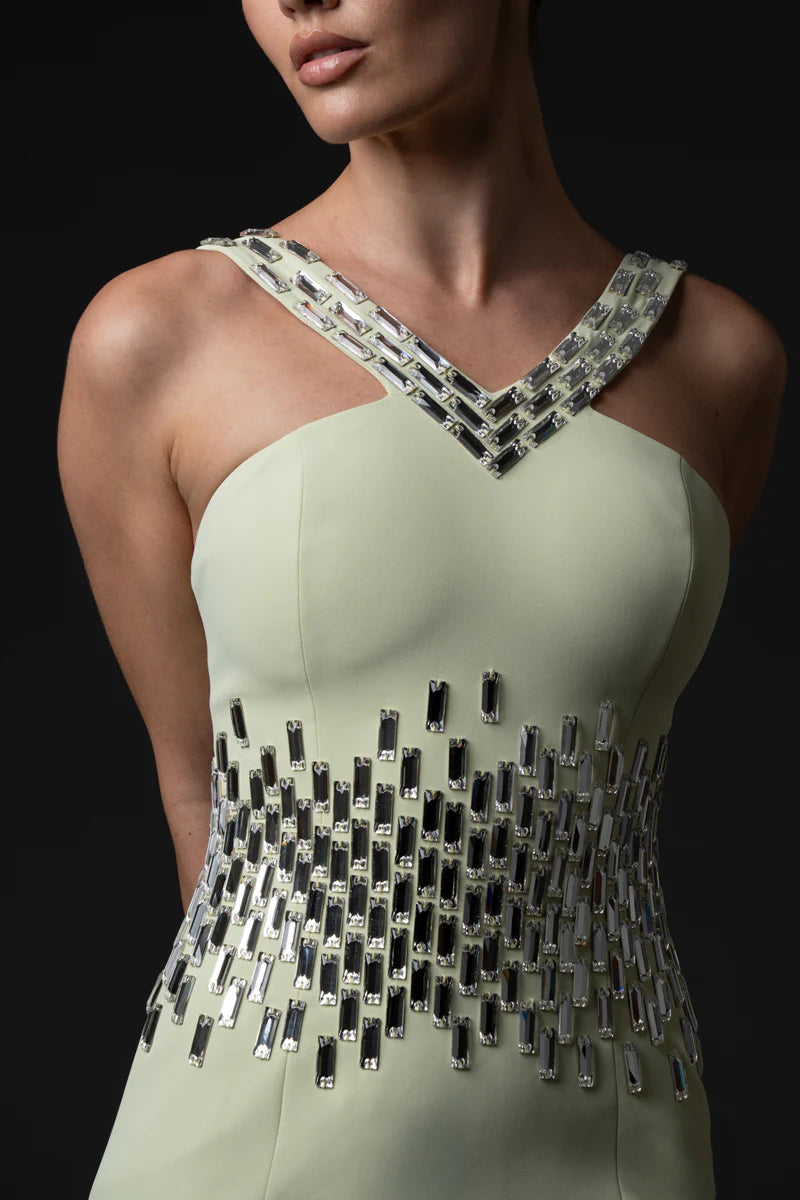 Light Pistachio Crêpe Dress with Baguette Embroidery
