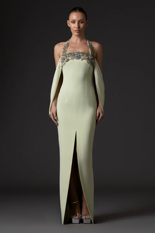 Light Pistachio Crêpe Dress with Front Slit