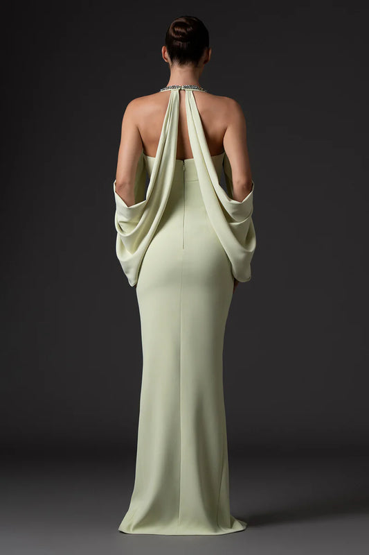 Light Pistachio Crêpe Dress with Front Slit