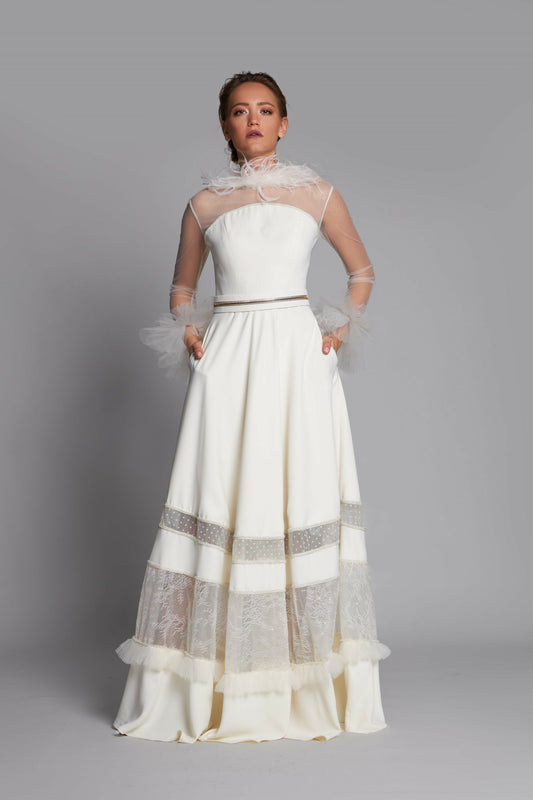 Feathered Long Sleeve A-Line Gown