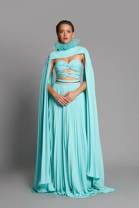 Cut-Out Strapless Gown with Cape