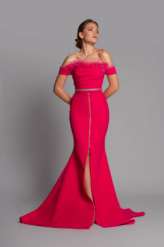 Feathered Off Shoulder Trumpet Gown