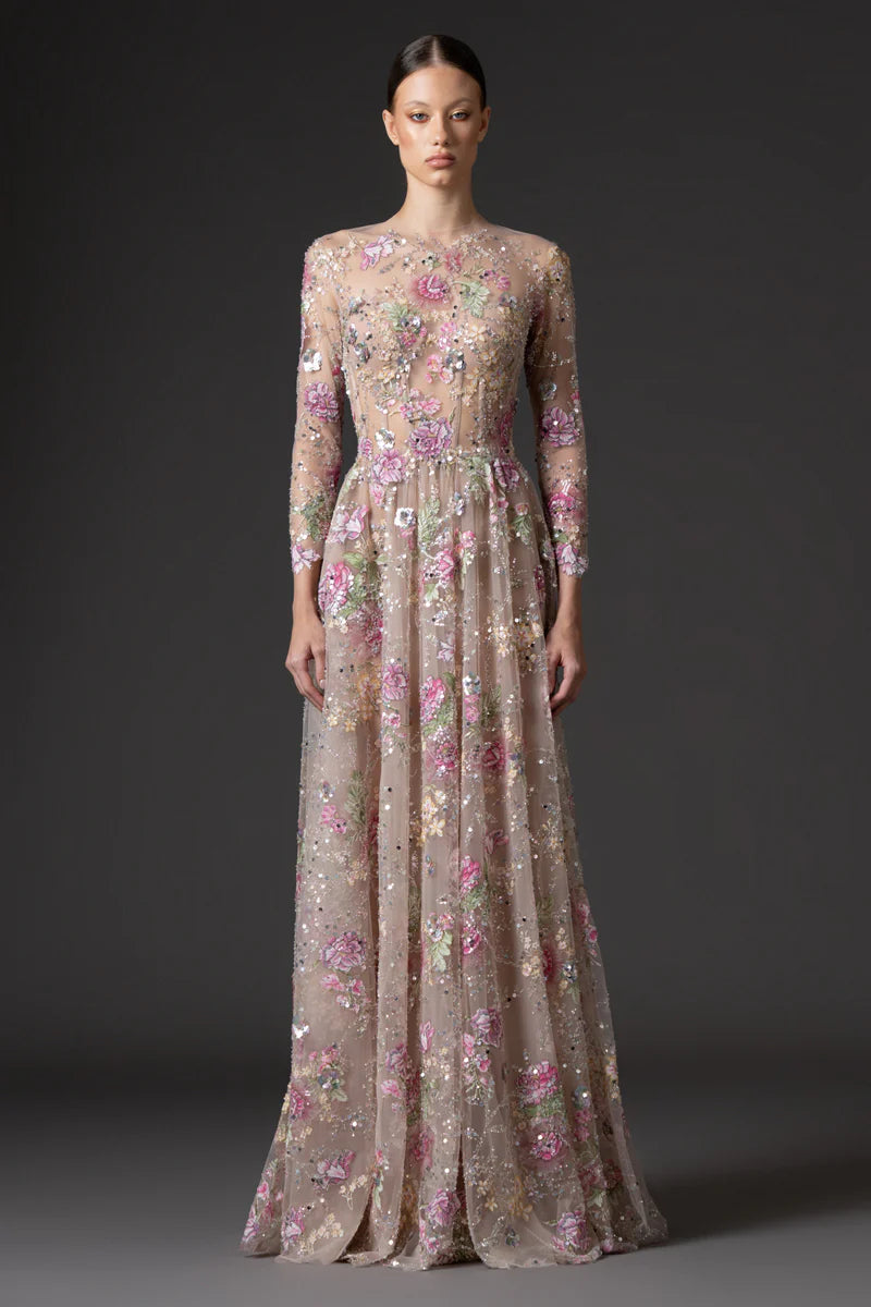 Long-Sleeved Floral Embroidered Tulle Dress