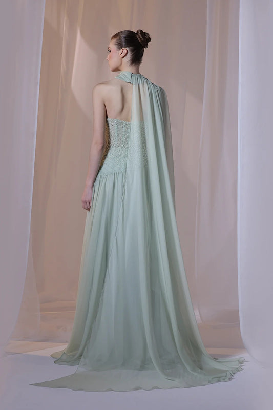 Mint Strapless Pearl Beaded Gown