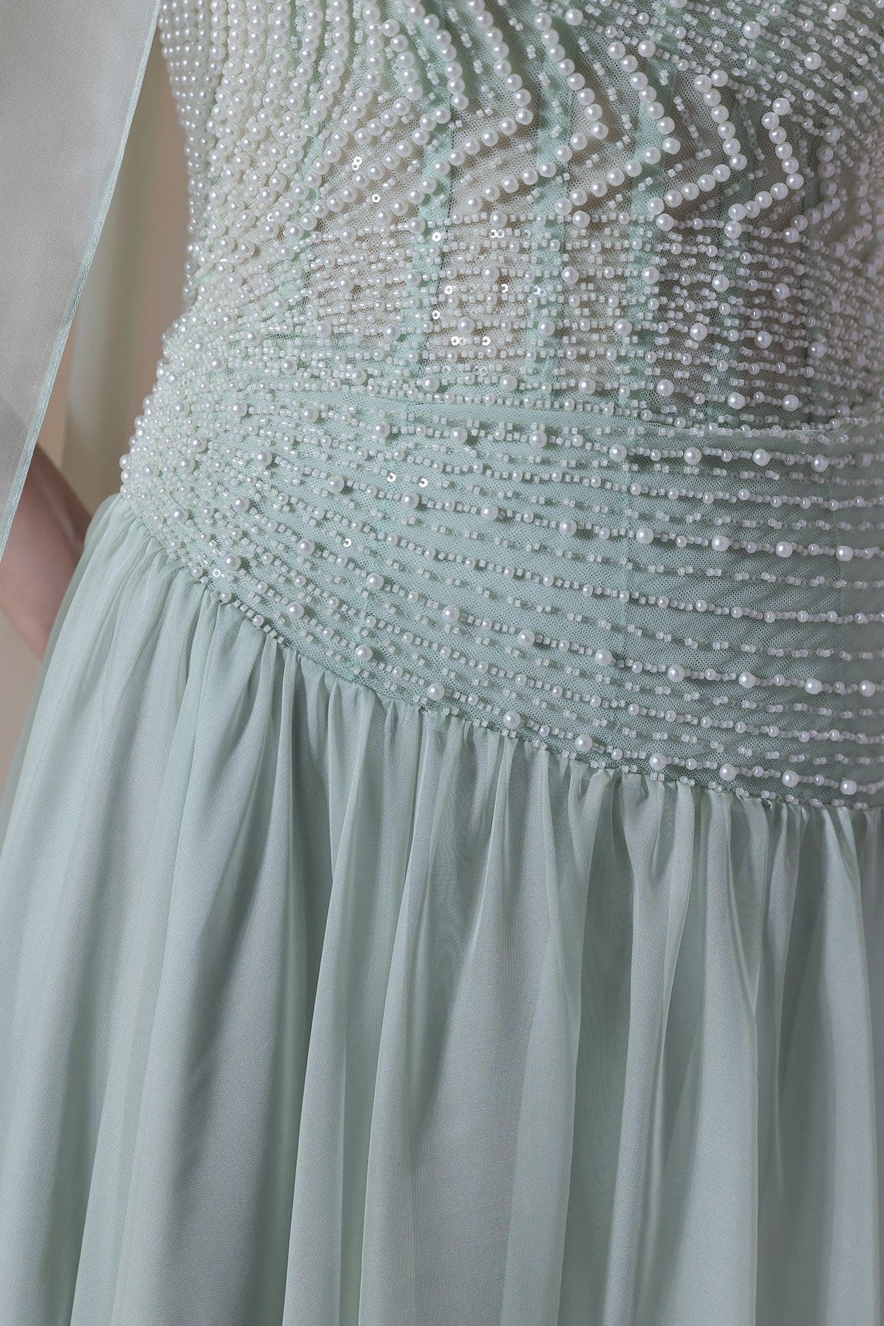 Mint Strapless Pearl Beaded Gown