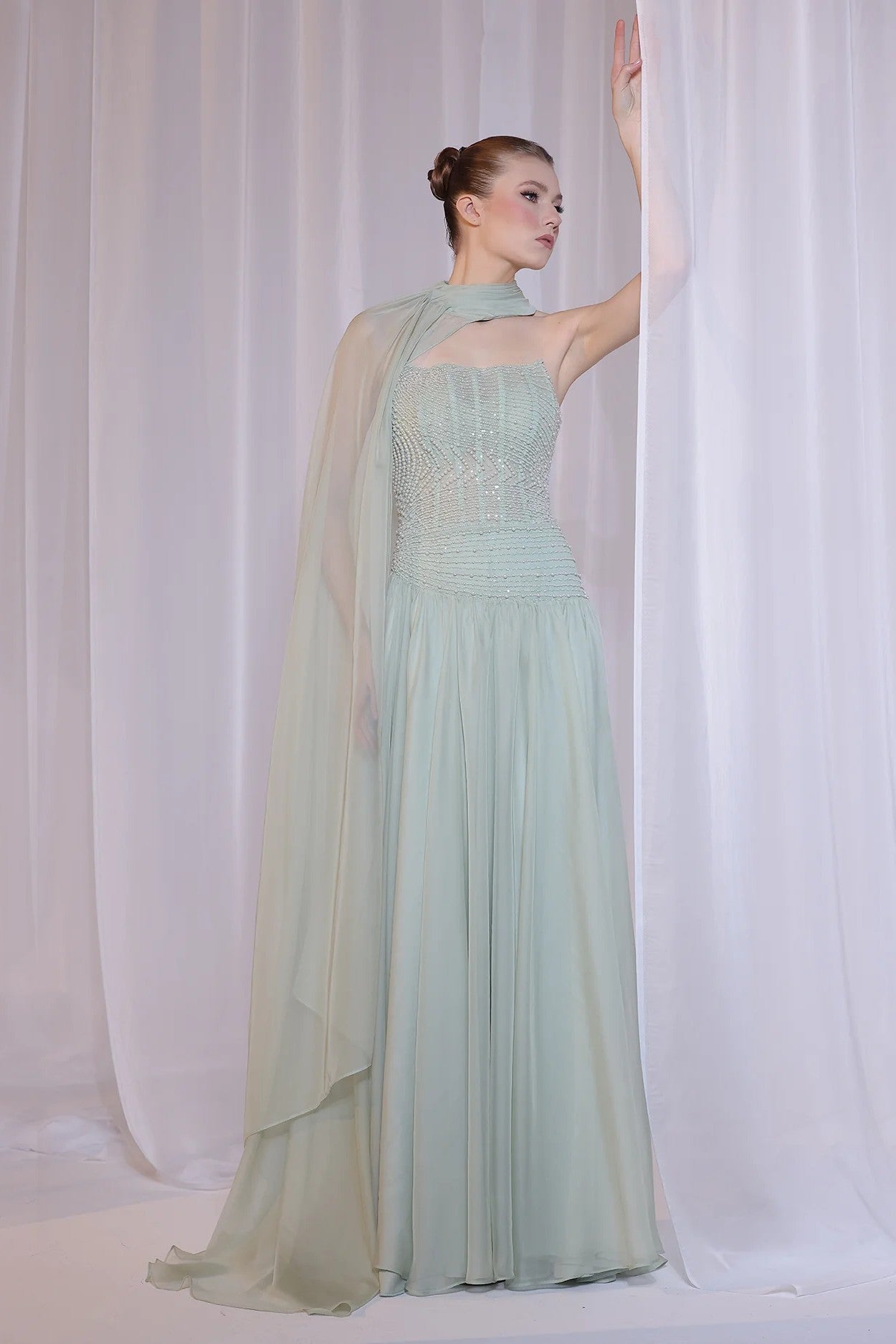 Mint Strapless Pearl Beaded Gown