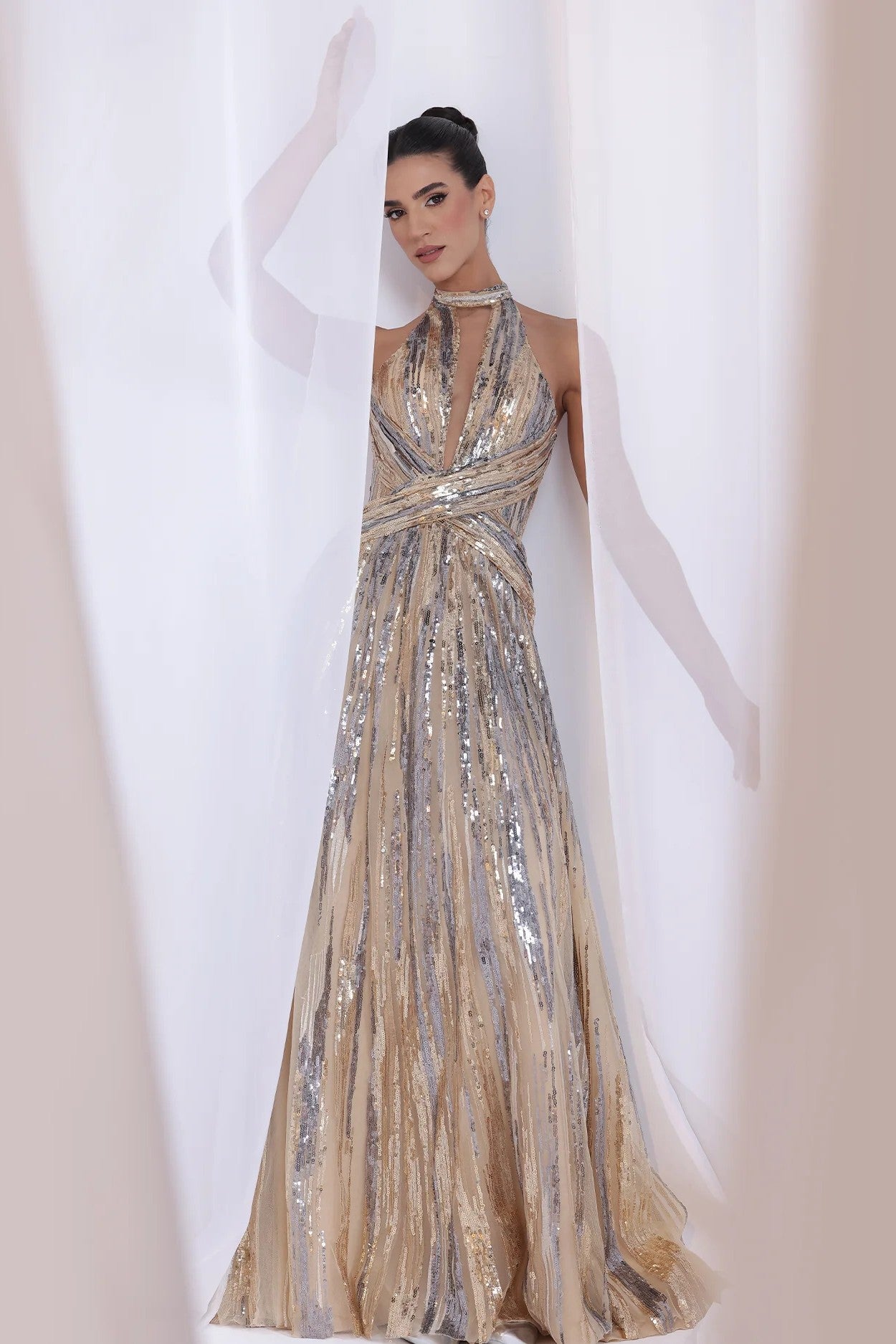 Metallic Halter-Neck Gown