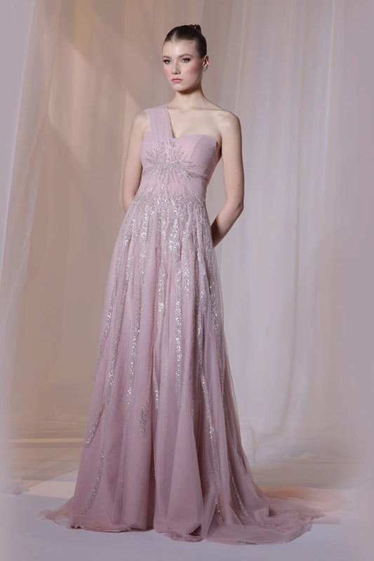 Blush One-Shoulder Beaded Gown