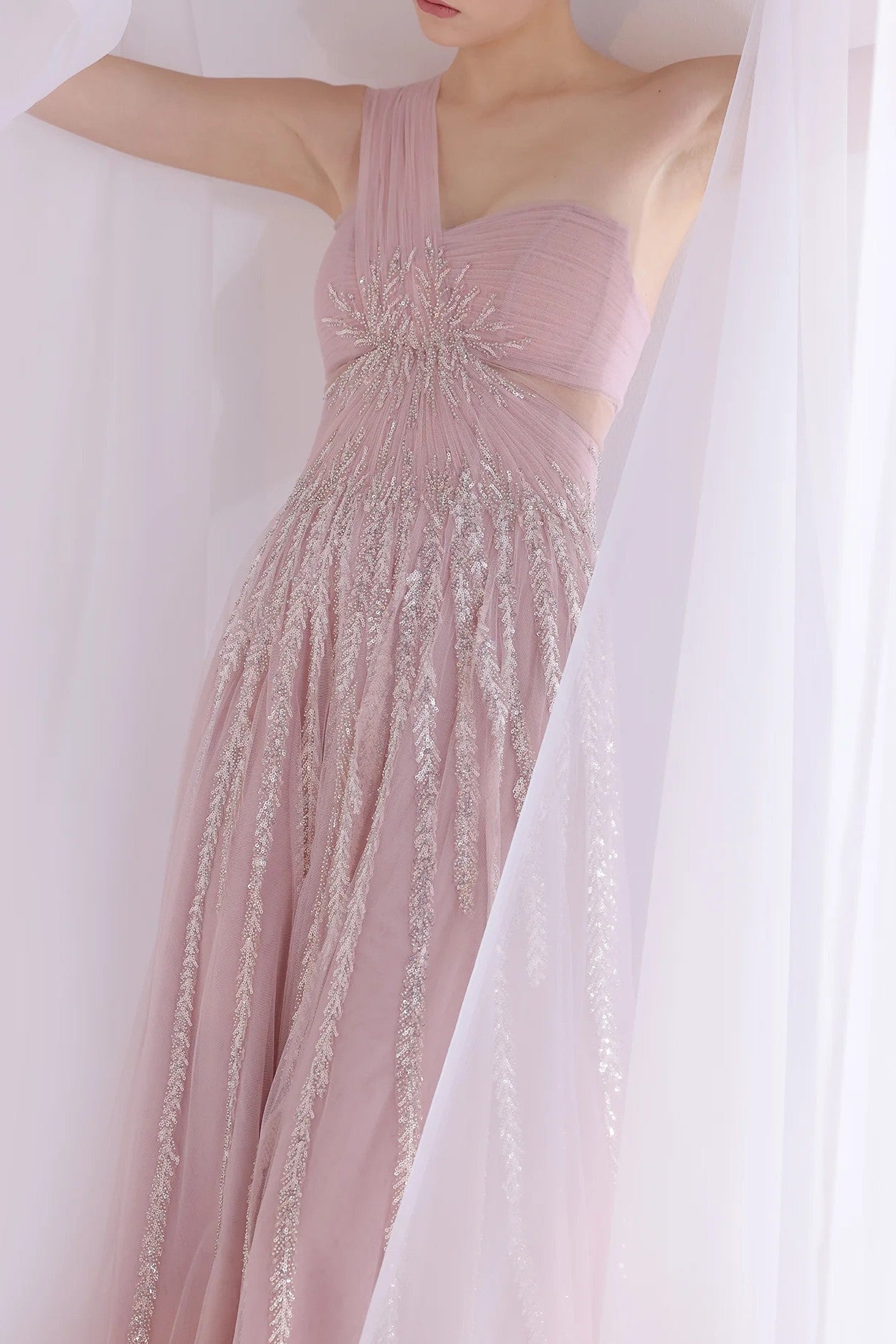 Blush One-Shoulder Beaded Gown