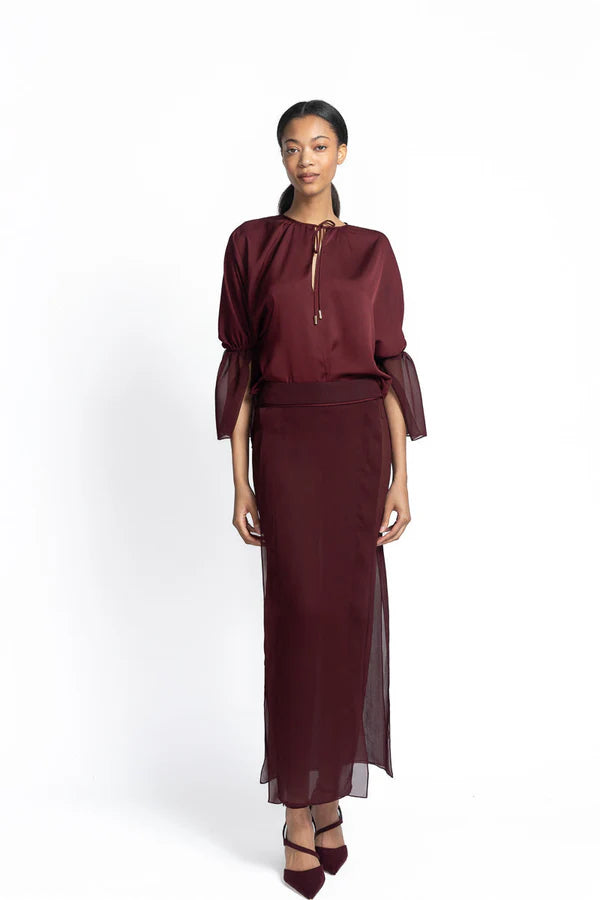 Claret Sheer Crepe Skirt with Panels