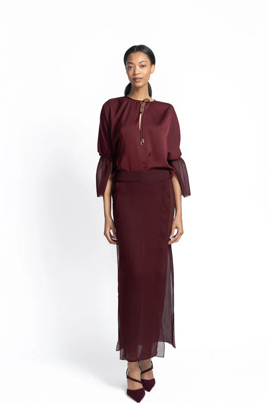 Claret Sheer Crepe Skirt with Panels