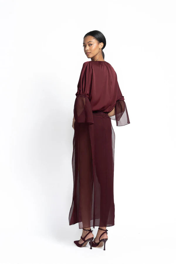 Claret Sheer Crepe Skirt with Panels