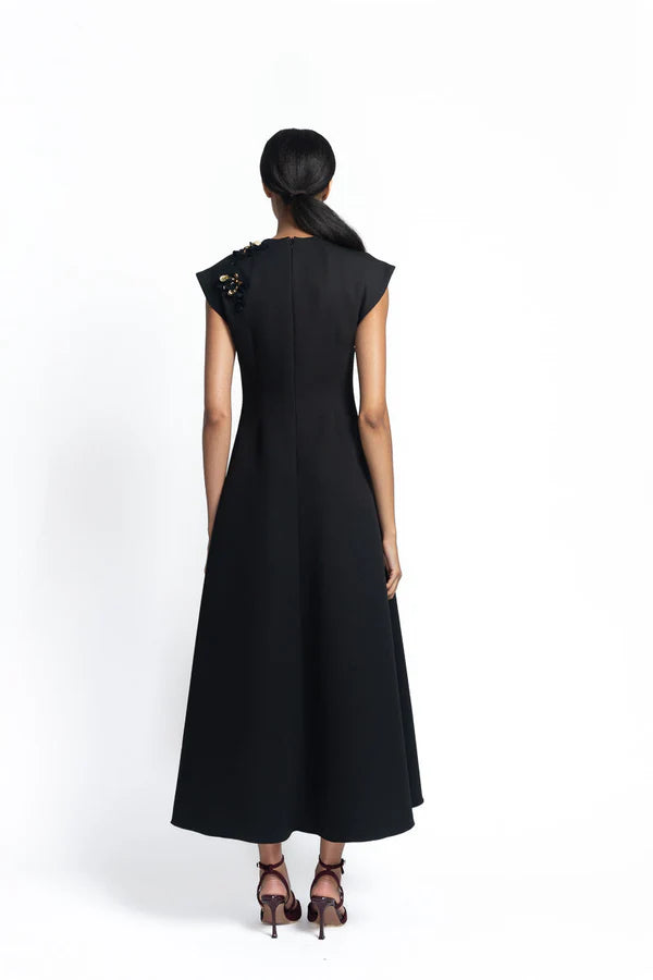 Onyx Cady Dress with Lace Applique