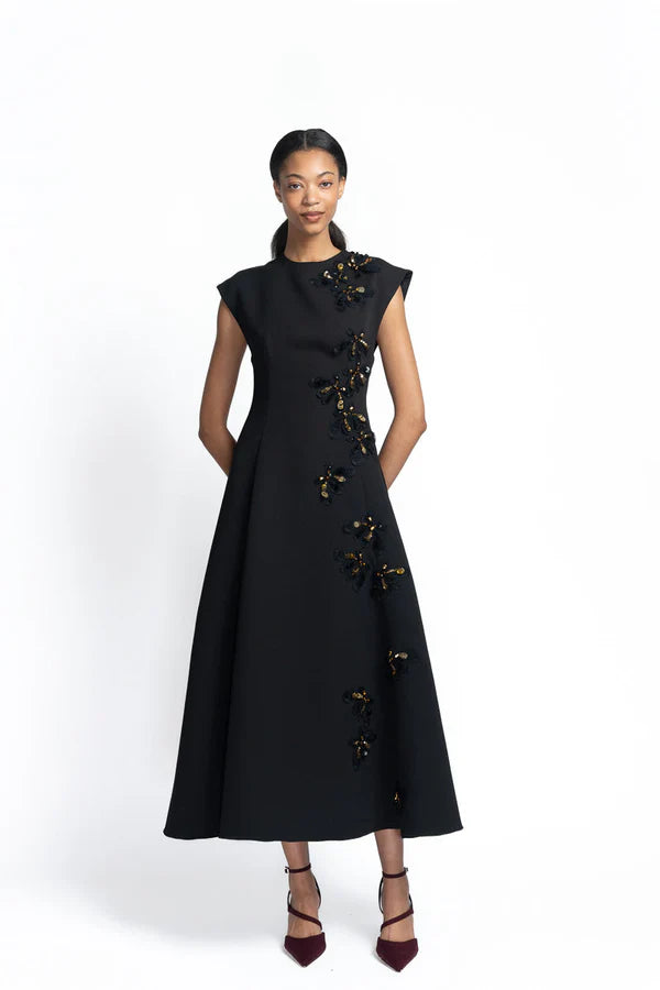 Onyx Cady Dress with Lace Applique