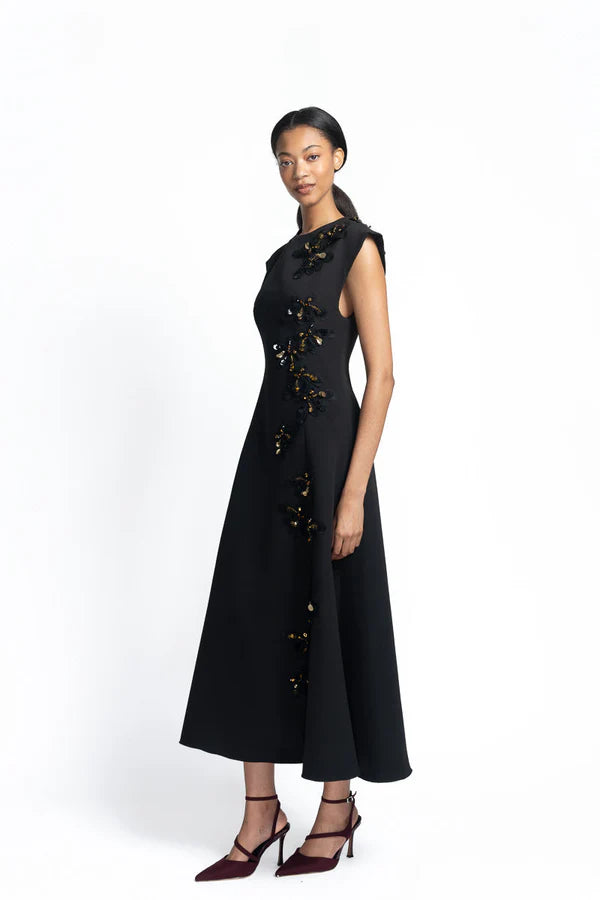 Onyx Cady Dress with Lace Applique