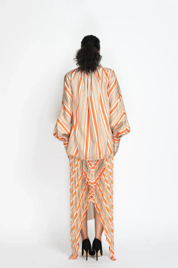 Striped Twill Blouse with Bow Tie Collar