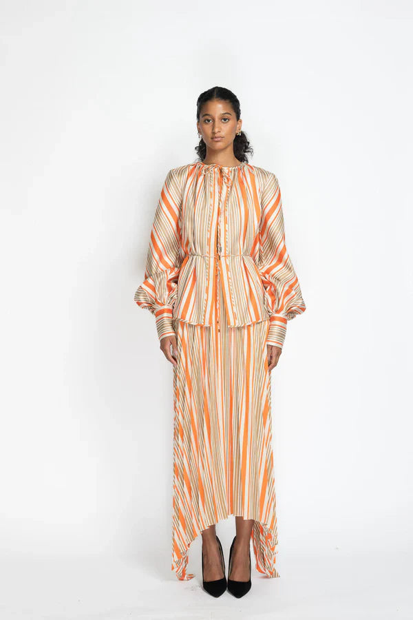 Striped Twill Blouse with Bow Tie Collar