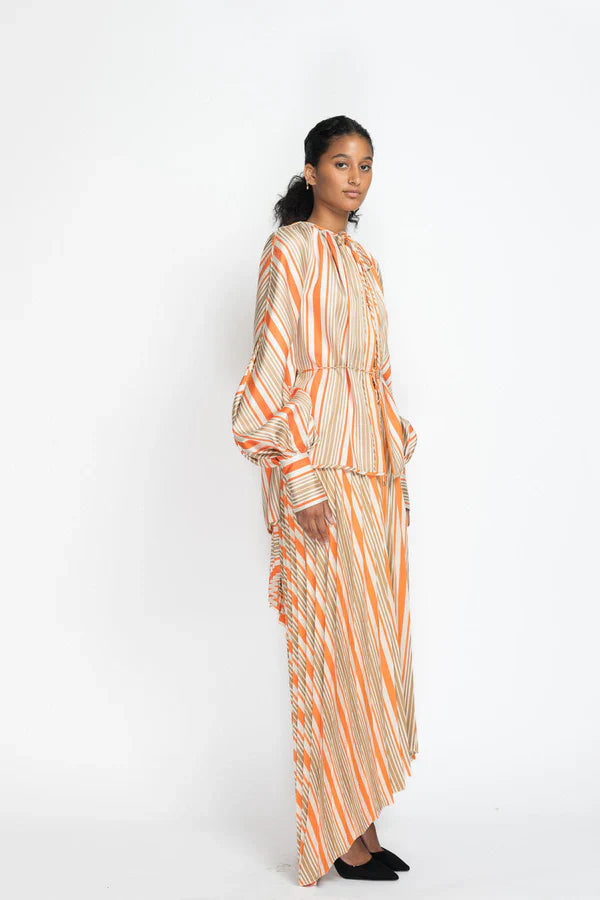 Striped Twill Blouse with Bow Tie Collar