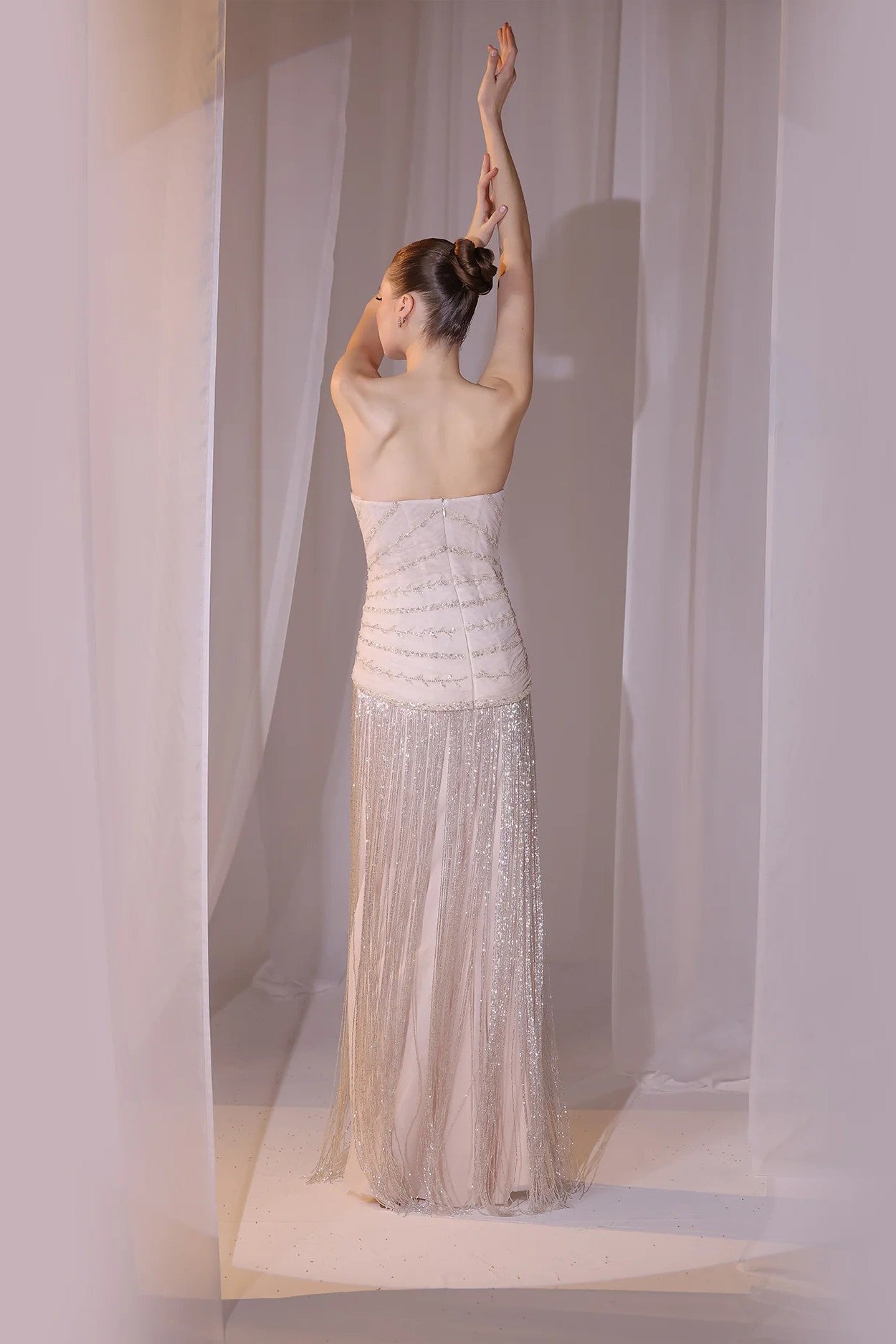 Blush Strapless Fringe Gown