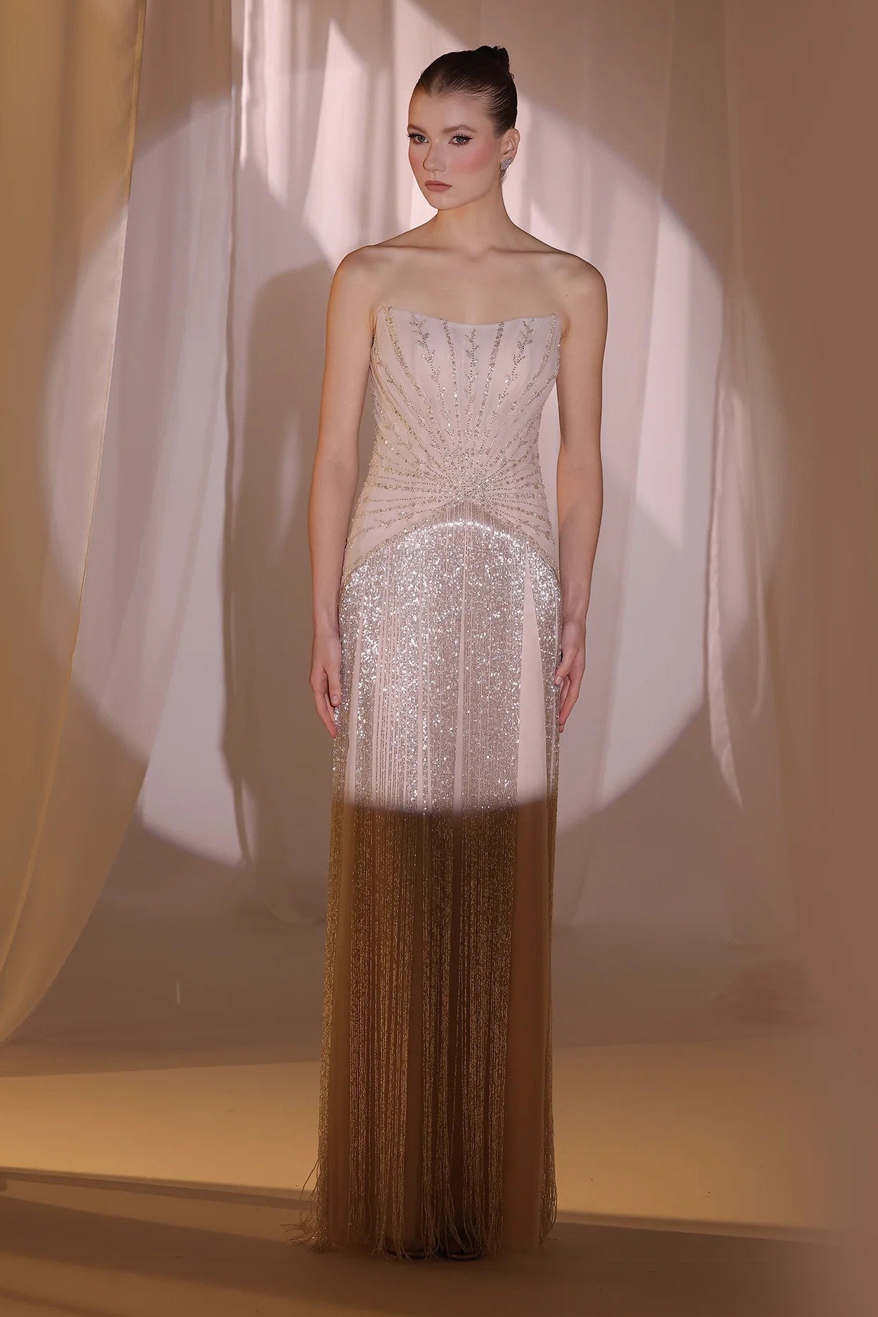Blush Strapless Fringe Gown