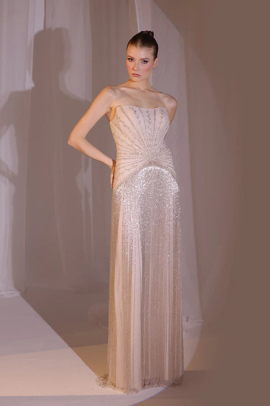 Blush Strapless Fringe Gown