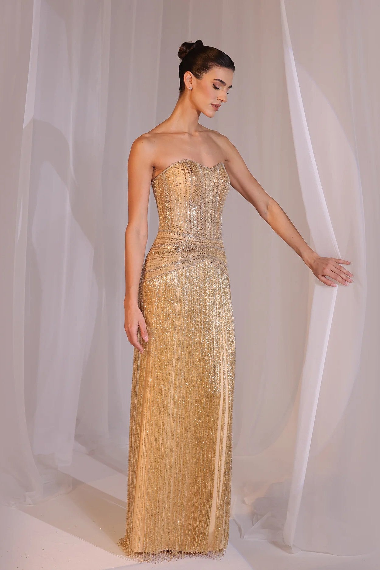 Gold Strapless Fringe Gown
