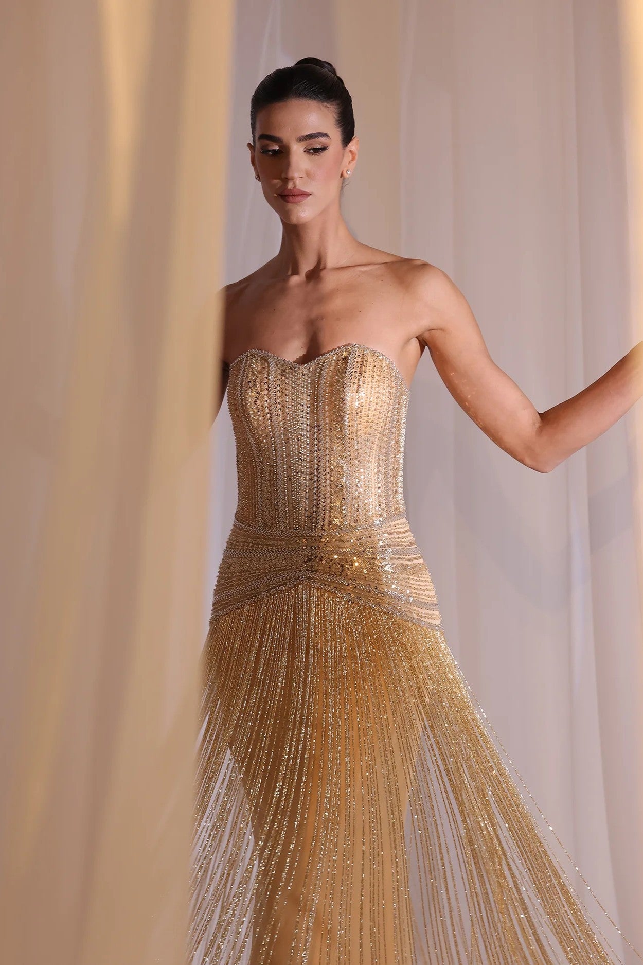 Gold Strapless Fringe Gown