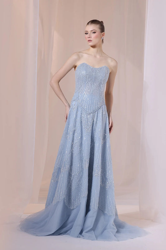 Blue Strapless Basque Corset Gown