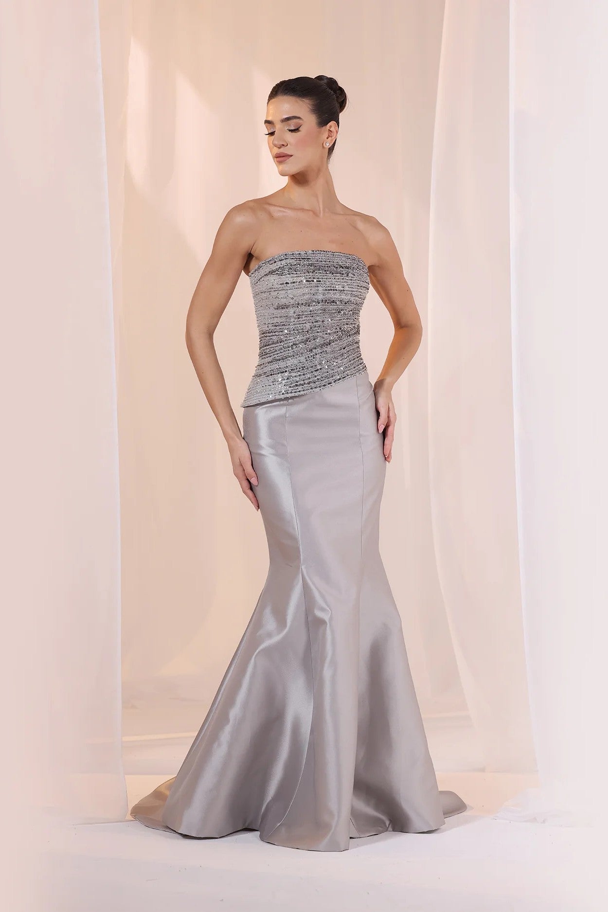 Grey Strapless Satin Mermaid Gown