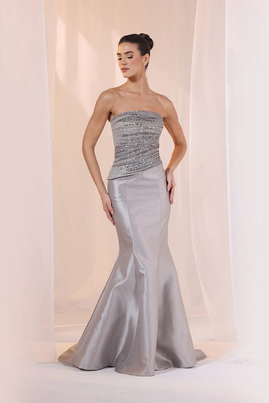 Grey Strapless Satin Mermaid Gown
