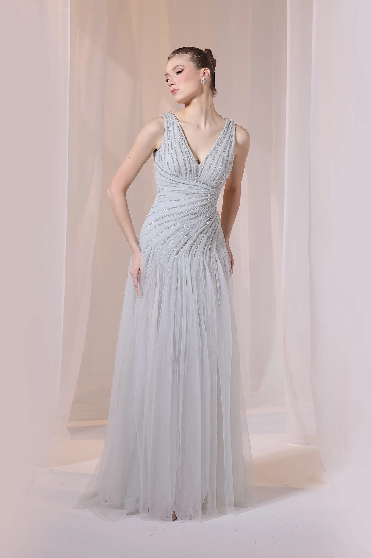Grey Sleeveless V-Neck Gown