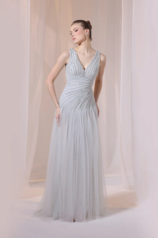 Grey Sleeveless V-Neck Gown