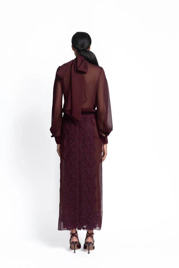 Claret Sheer Crepe Skirt with Lace Panels
