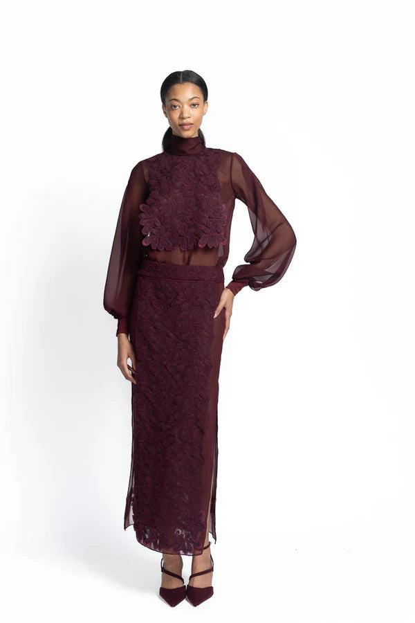 Claret Sheer Crepe Skirt with Lace Panels